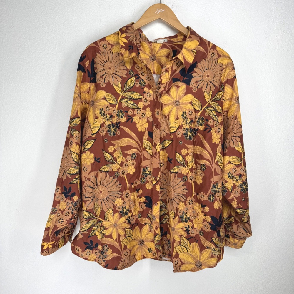 Coldwater Creek Womens 22W Floral Button Shirt Rust Orange Cotton Earthy Boho